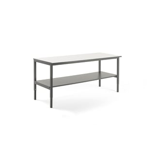 Worktable CARGO with bottom shelf, 2000x750 mm, white top, grey frame