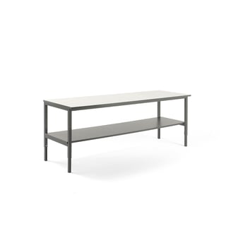 Worktable CARGO with bottom shelf, 2400x750 mm, white top, grey frame