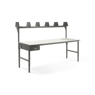 Complete worktable CARGO with rollers, 2400x750 mm, 1 drawer + top shelf