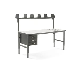 Komplet, radni stol CARGO s valjcima, 2000 x 750 mm, 3 ladice + gornja polica