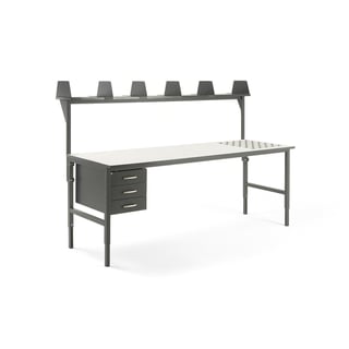 Komplet arbejdsbord CARGO med kugleruller, 2400x750 mm, 3 skuffer, overhylde