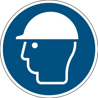 Znak, da je potrebno nositi zaščitno čelado, adhezivni poliester, Ø 100 mm