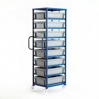 Mobile tray rack + Euro trays, 200 kg load, 8 trays, H 1830 mm