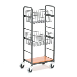 Basket trolley DASH, 2 baskets, 1 shelf, 430x275mm, cherry, black