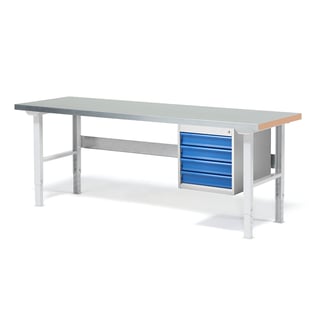 Dílenský stůl SOLID 750, 2000x800 mm, 4 zásuvky, ocelový povrch