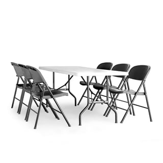 Sestava KLARA + PAISLEY, 1 skládací stůl 1530x760 mm + 6 černých skládacích židlí