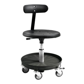 Wheel stool MIDI with backrest, black plastic seat, black storage tray