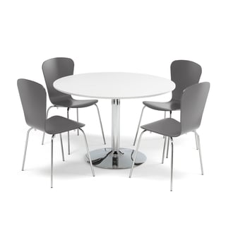 Möbelgrupp LILY + MILLA, 1 bord Ø1100 mm, vit, krom + 4 stolar i antracit