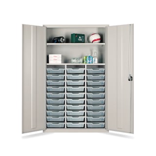 Teacher's tray storage cupboard, 1830x1120x457 mm, grey, with 30 clear trays