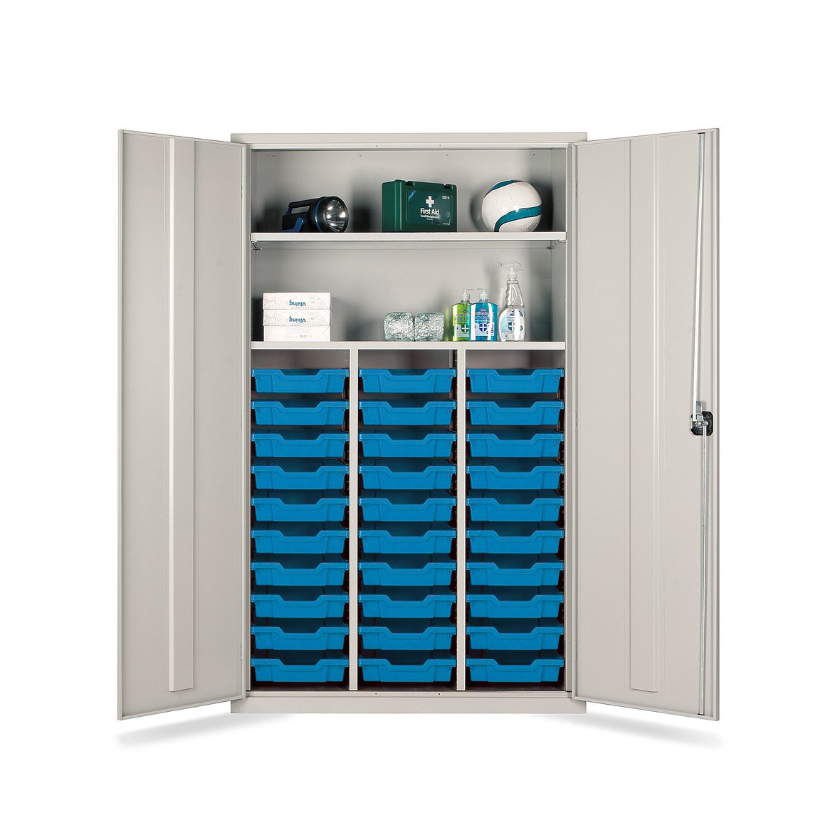 Teacher's tray storage cupboard, 1830x1120x457 mm, grey, with 30 blue