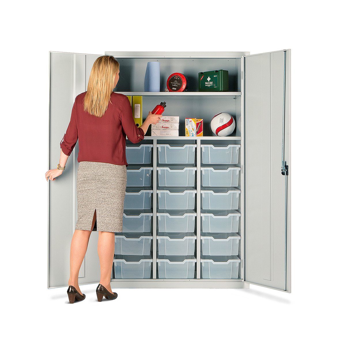 Teacher's tray storage cupboard, 1830x1120x457 mm, grey, with 18 clear