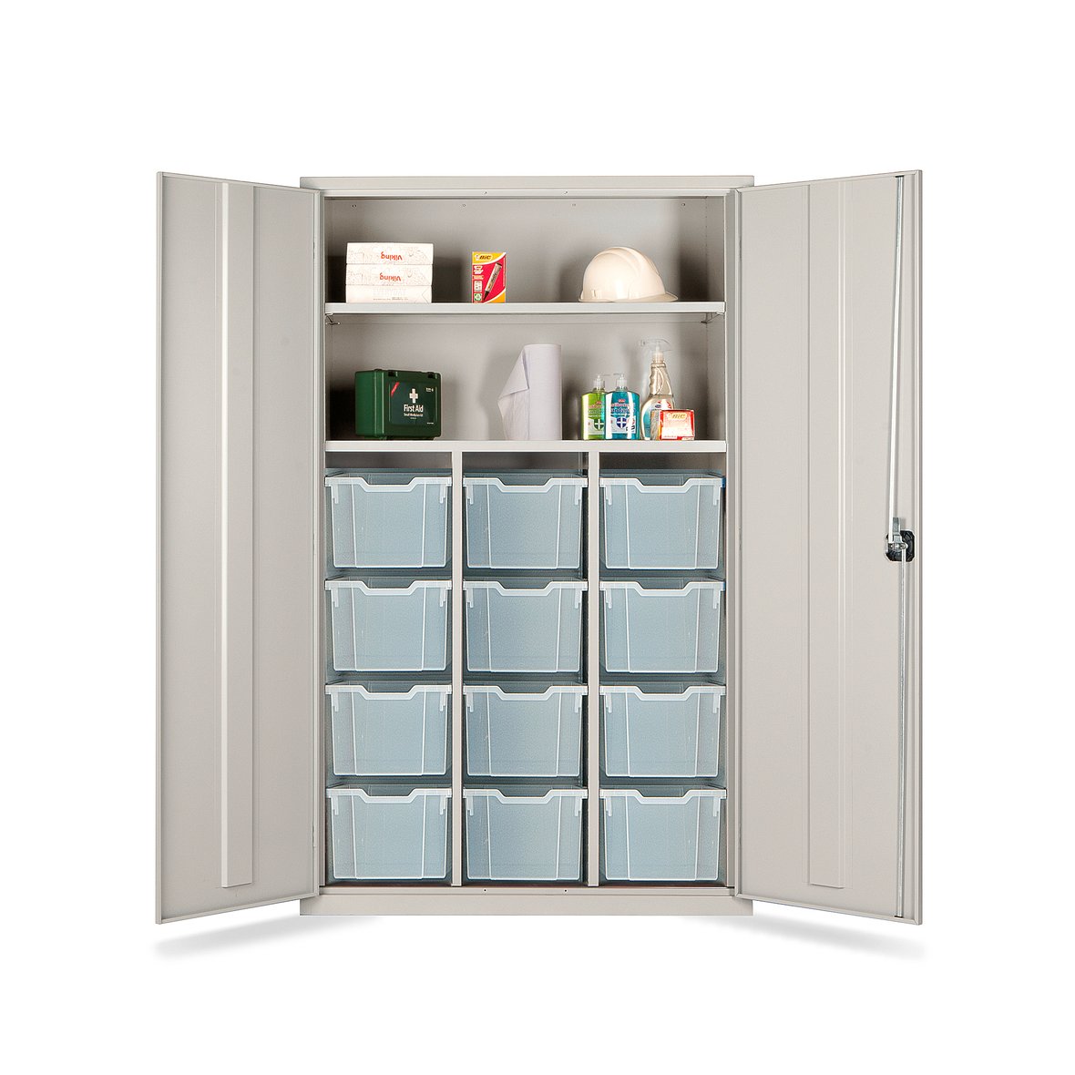 Teacher's tray storage cupboard, 1830x1120x457 mm, grey, with 12 clear