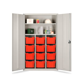 Teacher's tray storage cupboard, 1830x1120x457 mm, grey, with 12 red trays
