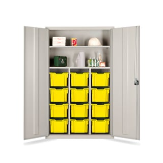 Teacher's tray storage cupboard, 1830x1120x457 mm, grey, with 12 yellow trays