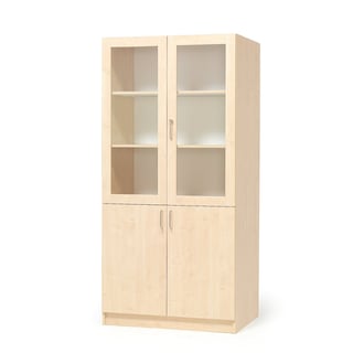 Wooden storage cabinet THEO with half glass doors, 1000x470x2100 mm, birch