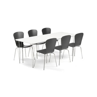 Möbelgrupp ZADIE + MILLA, 1 bord och 6 svarta stolar