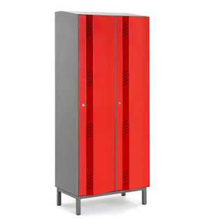 Garderobeskap CREATE ENERGY, 2 seksjoner, H1985 B800 D500 mm, rød dør, inkl. ben