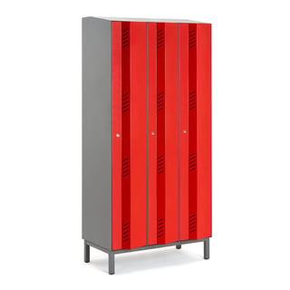 Garderobeskap CREATE ENERGY, 3 seksjoner, H1985 B900 D500 mm, inkl. ben, rødt