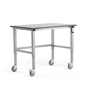 Height-adjustable mobile workbench MOTION, manual, 150 kg, 1200x800 mm, grey