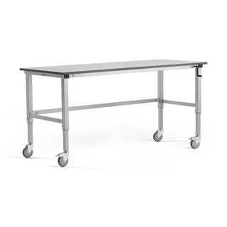 Height-adjustable mobile workbench MOTION, manual, 150 kg, 2000x800 mm, grey