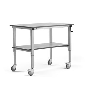 Ručno podizni, pokretni radni stol MOTION + donja polica, 150 kg nosivost, 1200x800 mm, sivi