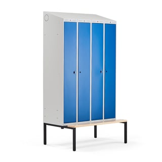 Klädskåp CLASSIC COMBO, bänkstativ, 2 sektioner, 4 dörrar, 2290x1200x550 mm, blå