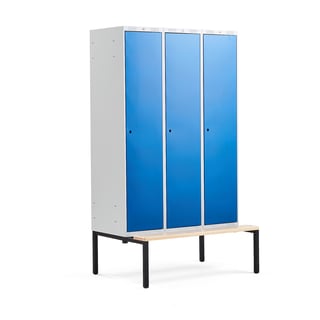 Clothes locker CLASSIC, bench seat, 3 modules, 2120x1200x550mm, blue