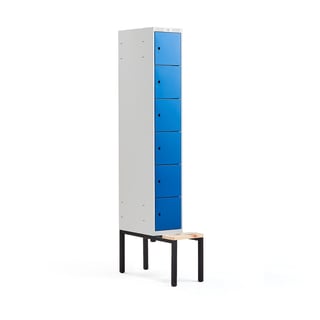 Locker 6-deurs CLASSIC, zitbank, 1 module, 2120 x 300 x 550 mm, blauw