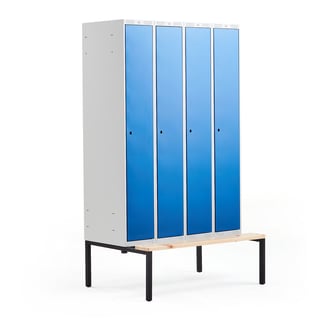 Clothes locker CLASSIC, bench seat, 4 modules, 2120x1200x550mm, blue