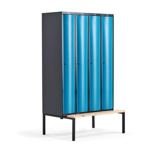 Garderobna omara CURVE, s klopjo, 4 x 1 vrata, 2120x1200x550 mm, modra
