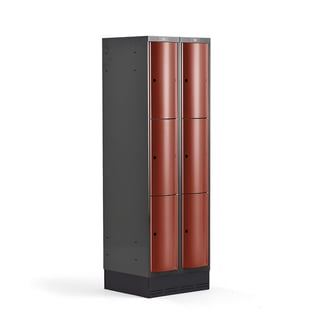 Šatňová skrinka CURVE, so soklom, 2x3 dvere, 1890x600x550 mm, červená