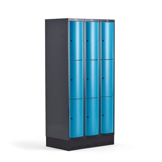 Clothes locker CURVE, skirting, 3 x 3 doors, 1890x900x550 mm, blue