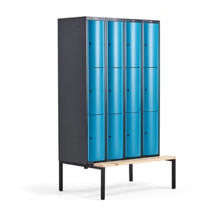 Clothes locker CURVE, bench, 4 x 3 doors, 2120x1200x550 mm, blue