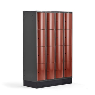 Boxová šatní skříň CURVE, 4 sekce, 16 boxů, 1890x1200x550 mm, sokl, červené dveře
