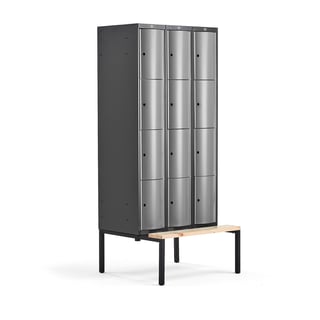 Clothes locker CURVE, bench, 3 x 4 doors, 2120x900x550 mm, grey