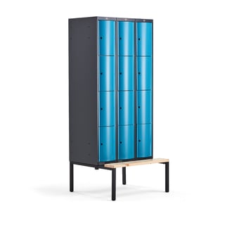 Clothes locker CURVE, bench, 3 x 4 doors, 2120x900x550 mm, blue