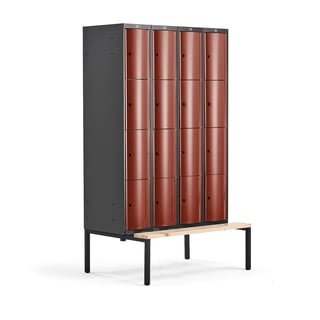 Šatňová skrinka CURVE, s lavičkou, 4x4 dvere, 2120x1200x550 mm, červená
