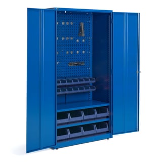 Komplett maskinskåp SUPPLY, nyckellås, 2 hyllplan, panel, 8 + 16 backar, 1900x1020x500 mm, blå