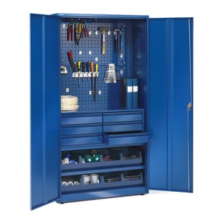 Dílenská skříň SUPPLY, zámek na klíč, 2 panely, 2 police, 6 zásuvek, 8 boxů, 1900x1020x500 mm, modrá