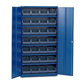 Komplet opbevaringsskab Supply, nøglelås, 6 hylder, 28 kasser, 1900x1020x500 mm, blå