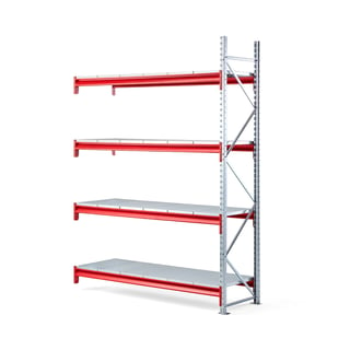 Widespan shelving TOUGH, add-on unit, 2500x1800x600 mm, 4 steel shelves