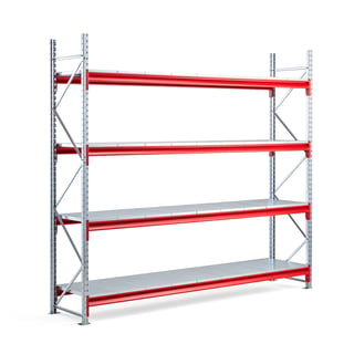Widespan shelving TOUGH, basic unit, 2500x2800x600 mm, 4 steel shelves