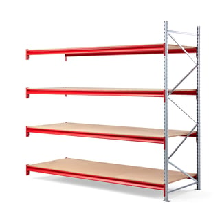 Widespan shelving TOUGH, add-on unit, 2500x2700x1000 mm, 4 wooden shelves