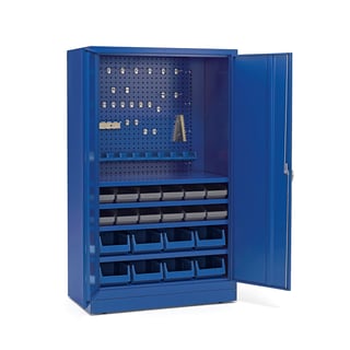 Dílenská skříň SHIFT, s panely na nářadí a 28 boxy, 1900x1150x635 mm, modrá