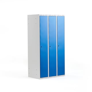Garderobeskap CLASSIC, 3 seksjoner, flatt tak, H1740 B900 D550 mm, blå