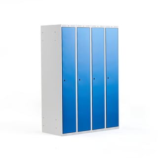 Garderobeskap CLASSIC, 4 seksjoner, flatt tak, H1740 B1200 D550 mm, blå