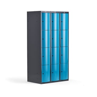 Metalowa szafa ubraniowa CURVE, 3x4 drzwi, 1740x900x550 mm, niebieski