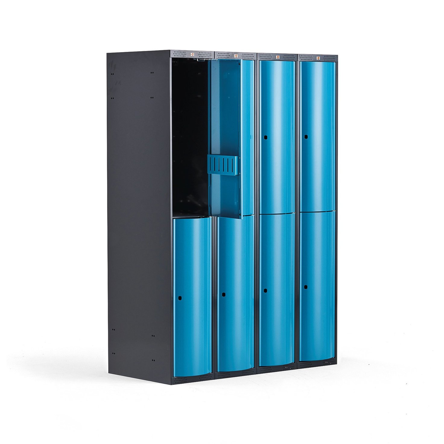 Clothes locker CURVE, 4 modules, 8 doors, 1740x1200x550, blue | AJ Products