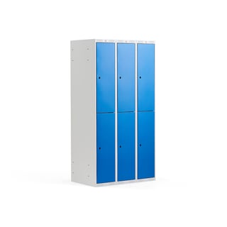 Boxová šatní skříň CLASSIC, 3 sekce, 6 boxů, 1740x900x550 mm, šedá, modré dveře