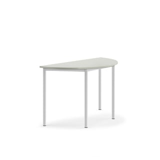 Pöytä SONITUS, puoliympyrä, 1200x600x720 mm, korkeapainelaminaatti HPL, harmaa, valkoinen